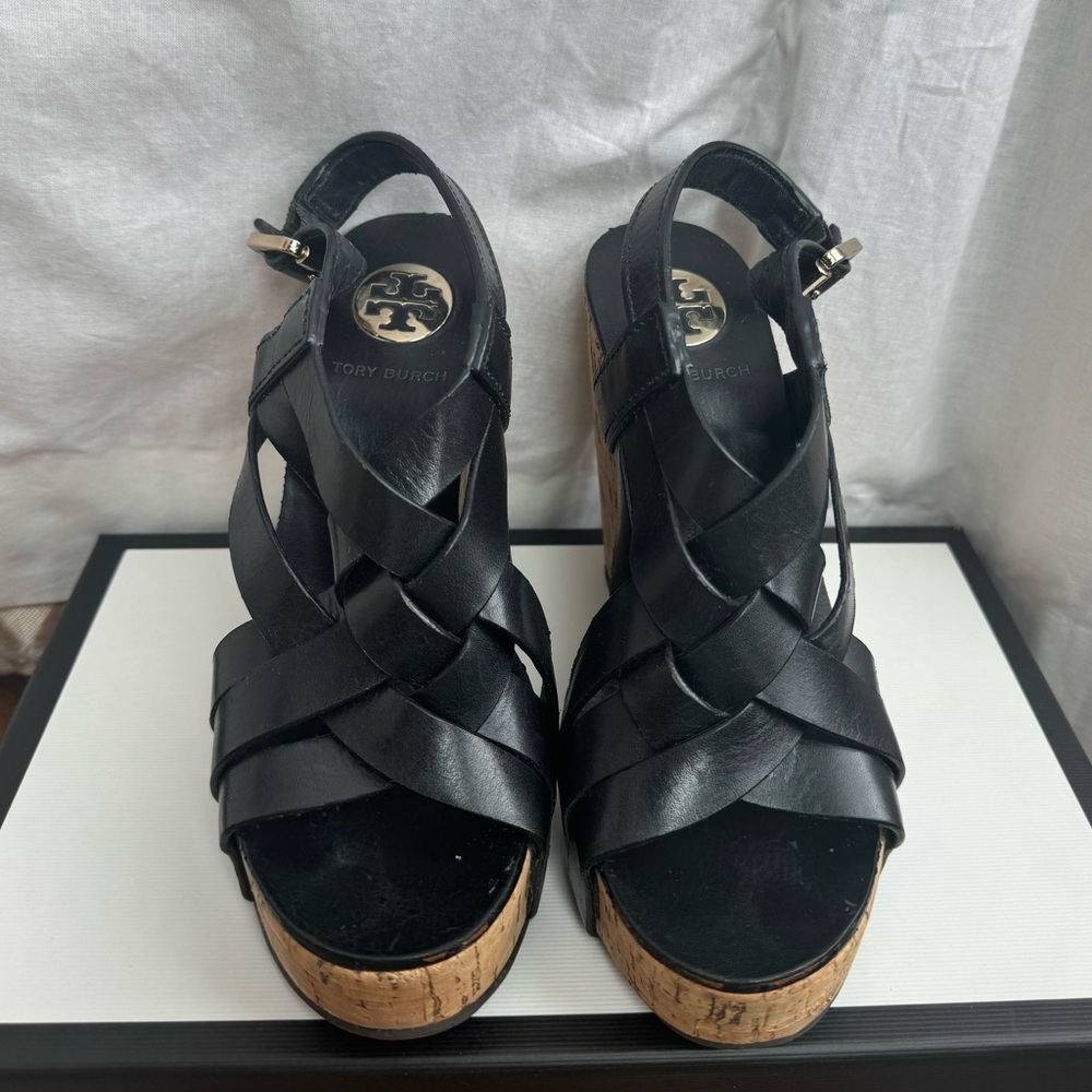 Tory Burch Black Leather Cork Wedge Sandals